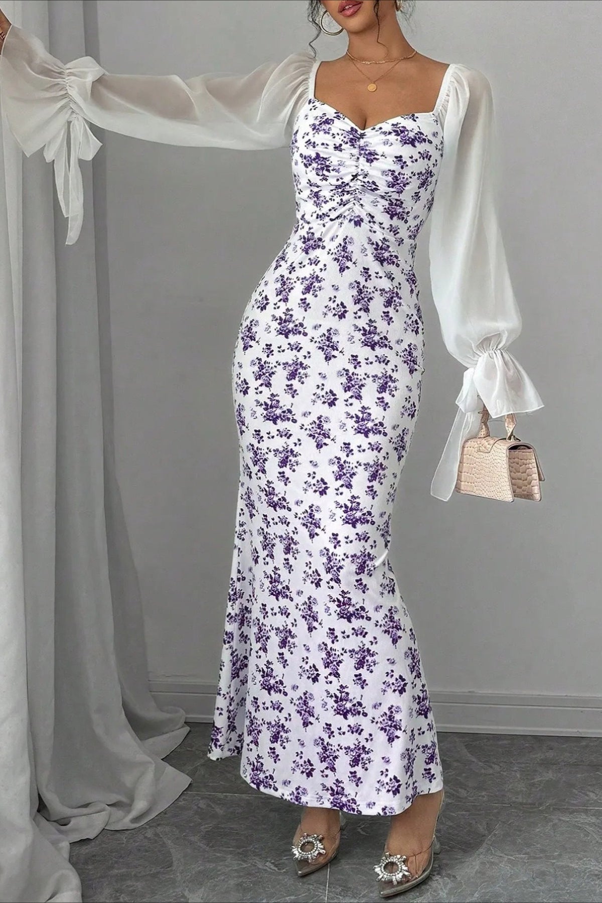 Chiffon Knit Patchwork V Neck Bodycon Floral Dress