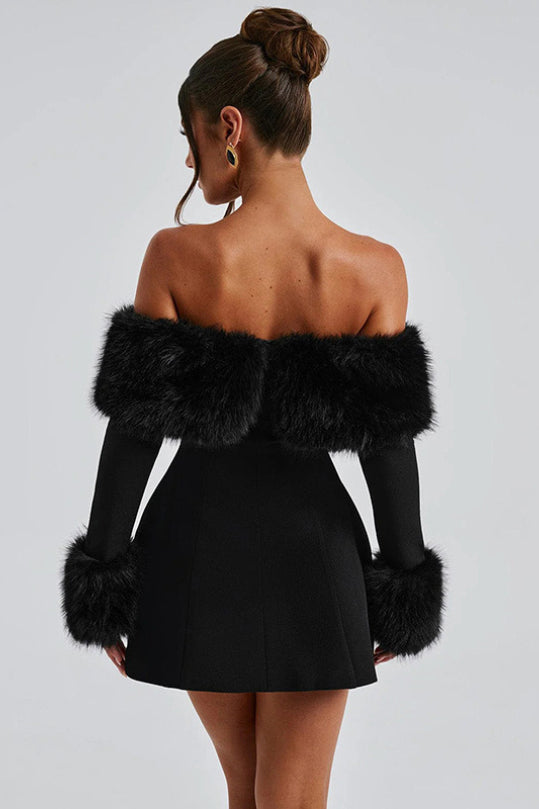 Black Faux Fur Collar Off Shoulder Bodycon Dress 3