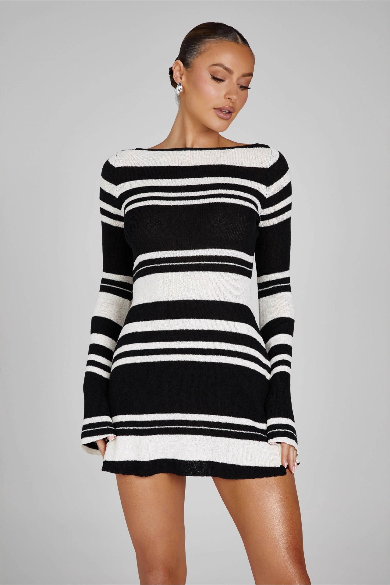 Striped ColorBlock Knit BellSleeve Backless Sweater Dress