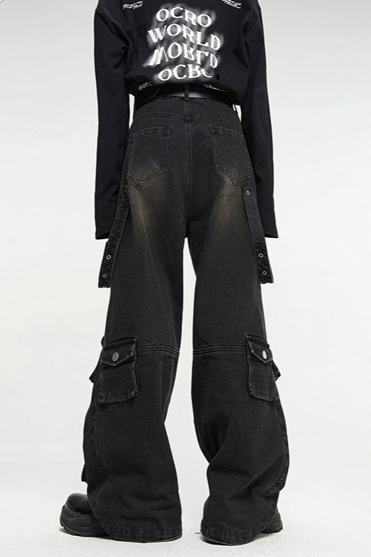 Distressed Multi Pocket Wide Leg Jeans