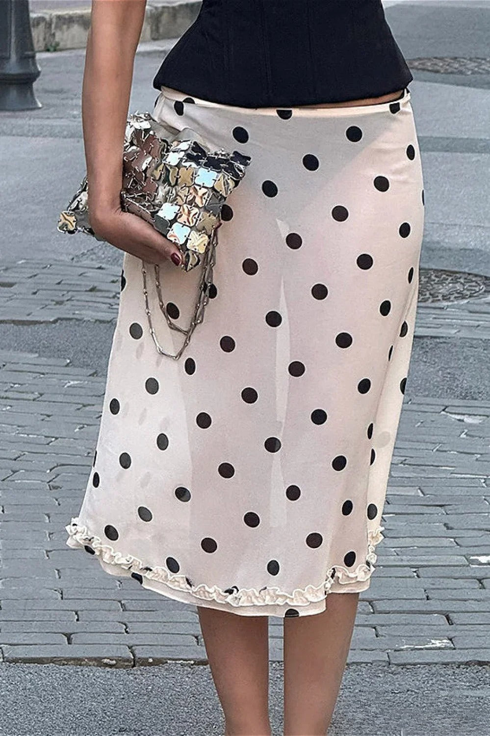 Polka Dot Satin High Waist ALine Skirt