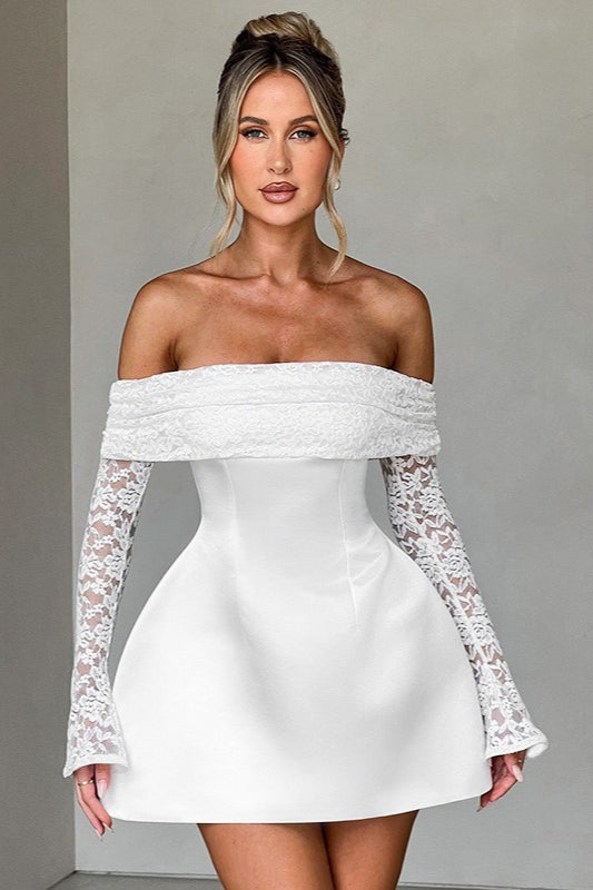 Lace Off Shoulder Long Sleeve A Line Party Dress