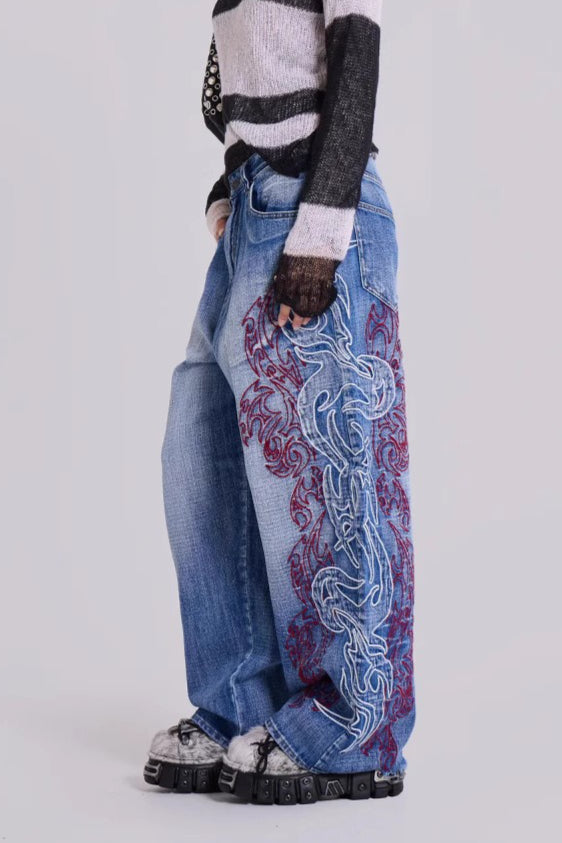 Y2K Embroidered Wide Jeans
