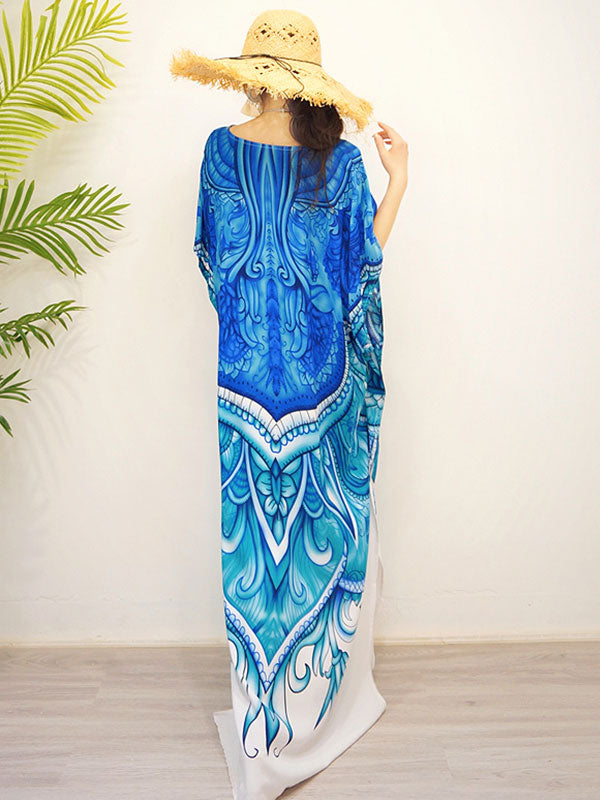 Blue V-Neck Baroque Print Batwing Sleeve Side Slit Kaftan Maxi Dress