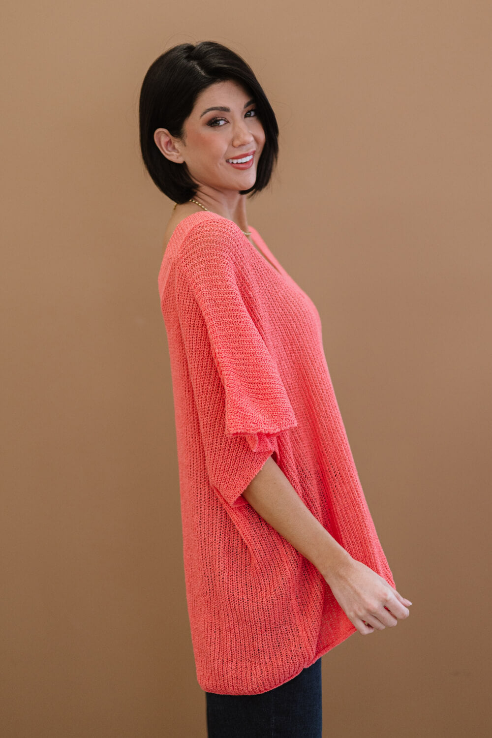 Deep Coral V-Neck Short Sleeve Openwork Loose Knit Sweater