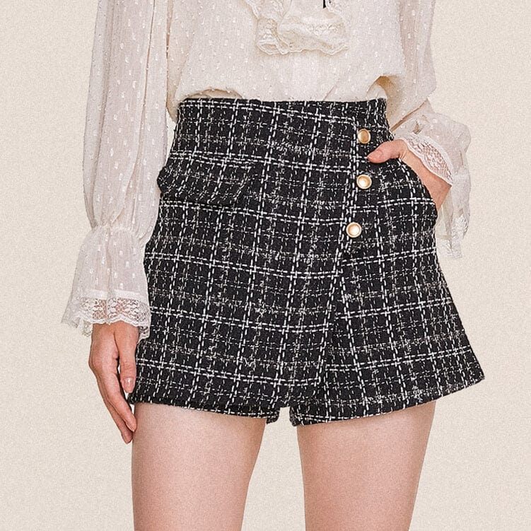 Black Checked Button Detail Tweed Skort