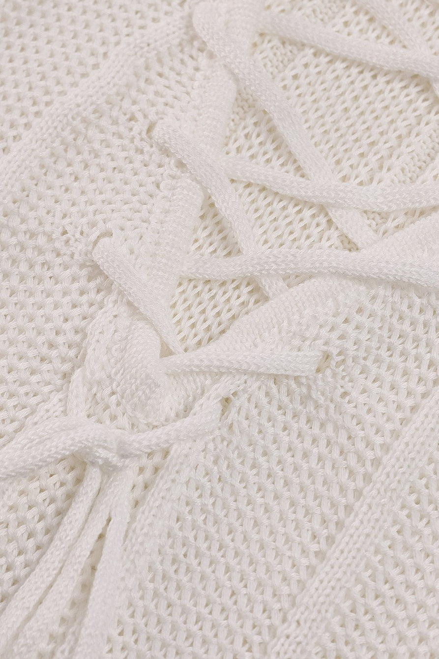 White Split Backless Tie Knit Cardigan Sweater Dress 11