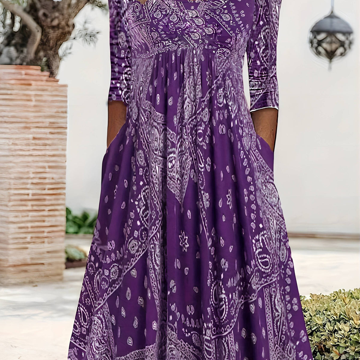 Square Neck Paisley Print Empire Waist Pocket Midi Dress 14