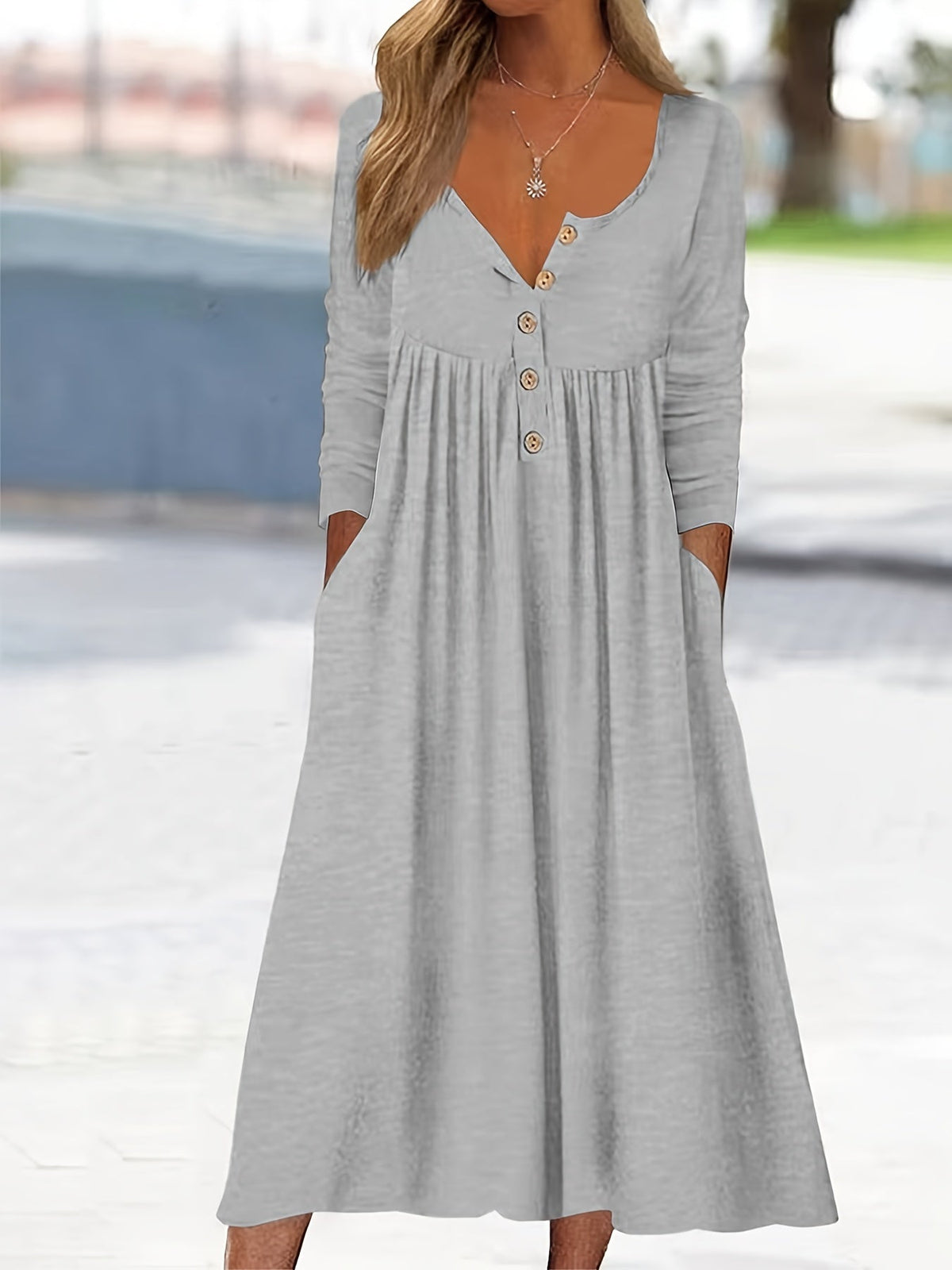 Henley Neck Button Front Long Sleeve Pocket A-Line Midi Dress