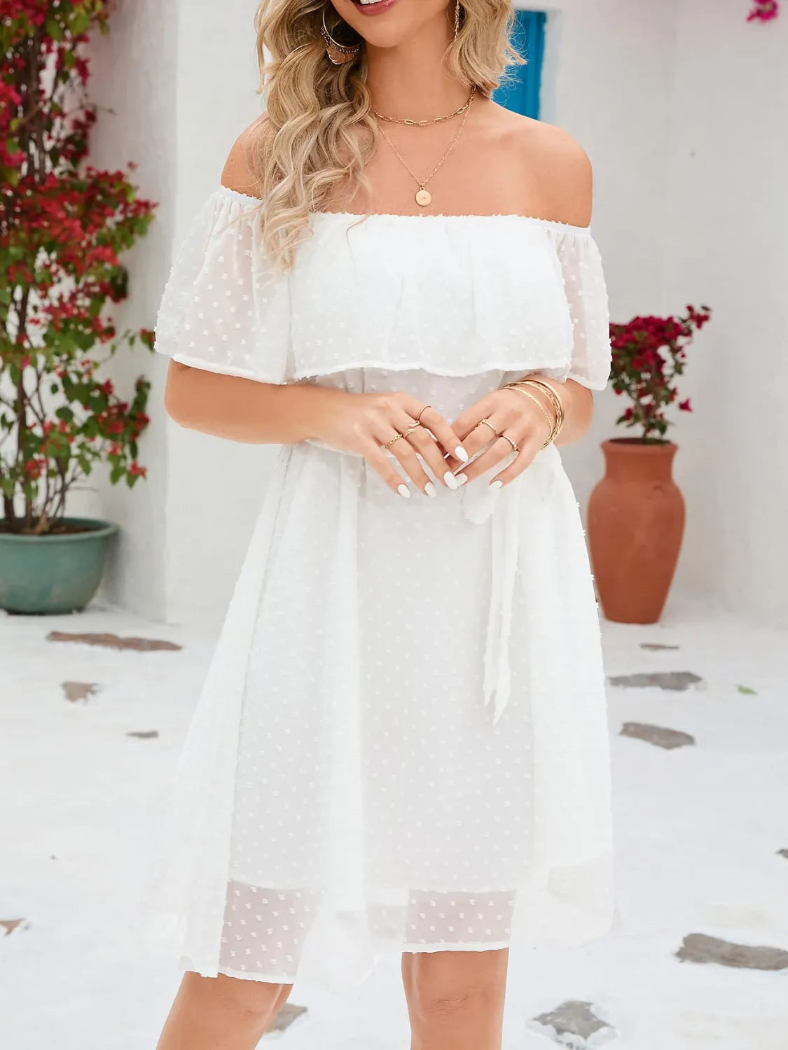 Camila Timeless Off the Shoulder Short Sleeved Mini Dress with a Tie Waist Evening Wear Edit