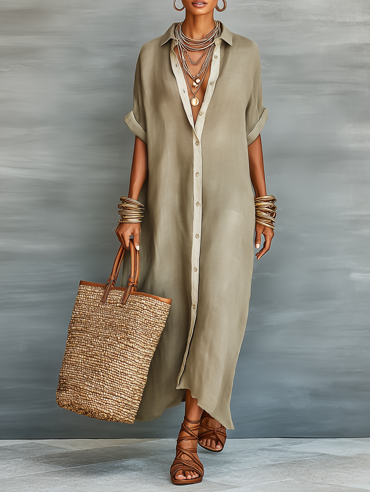 Collared Linen Button Front Rolled Sleeve Shirt Maxi Dress
