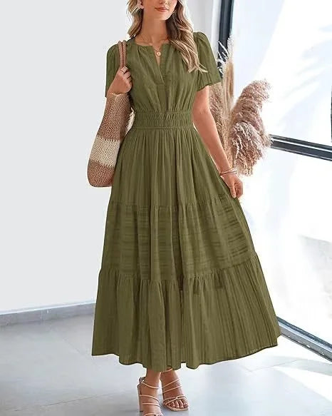 v-neck pleated puff sleeve dress black