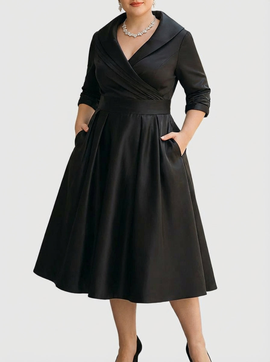 Shawl Collar Wrap Half Sleeve Satin Pleated A-Line Midi Dress 2