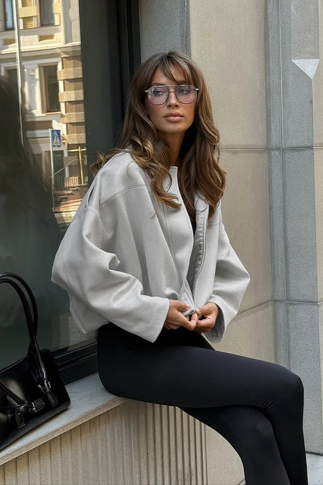 Marled Design Long-Sleeve Collared Short Jacket