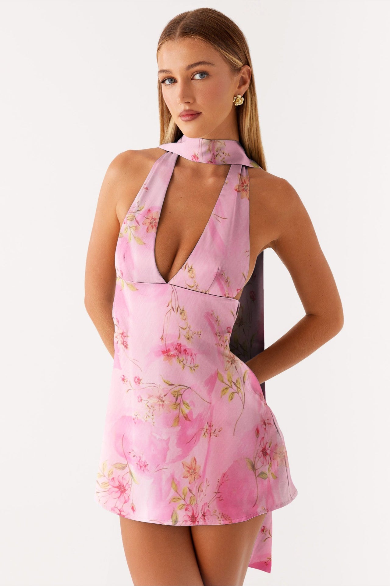 Halter Choker Deep V Neck Asymmetric Hem Watercolor Floral Print Mini Dress 8