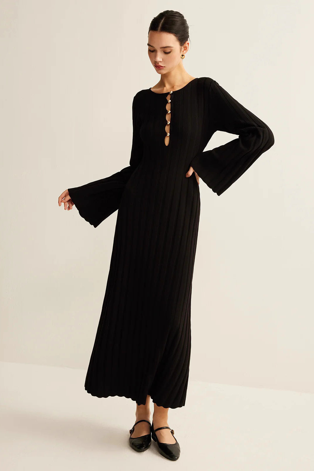 Black V-Neck Button Front Sweater Dress 3