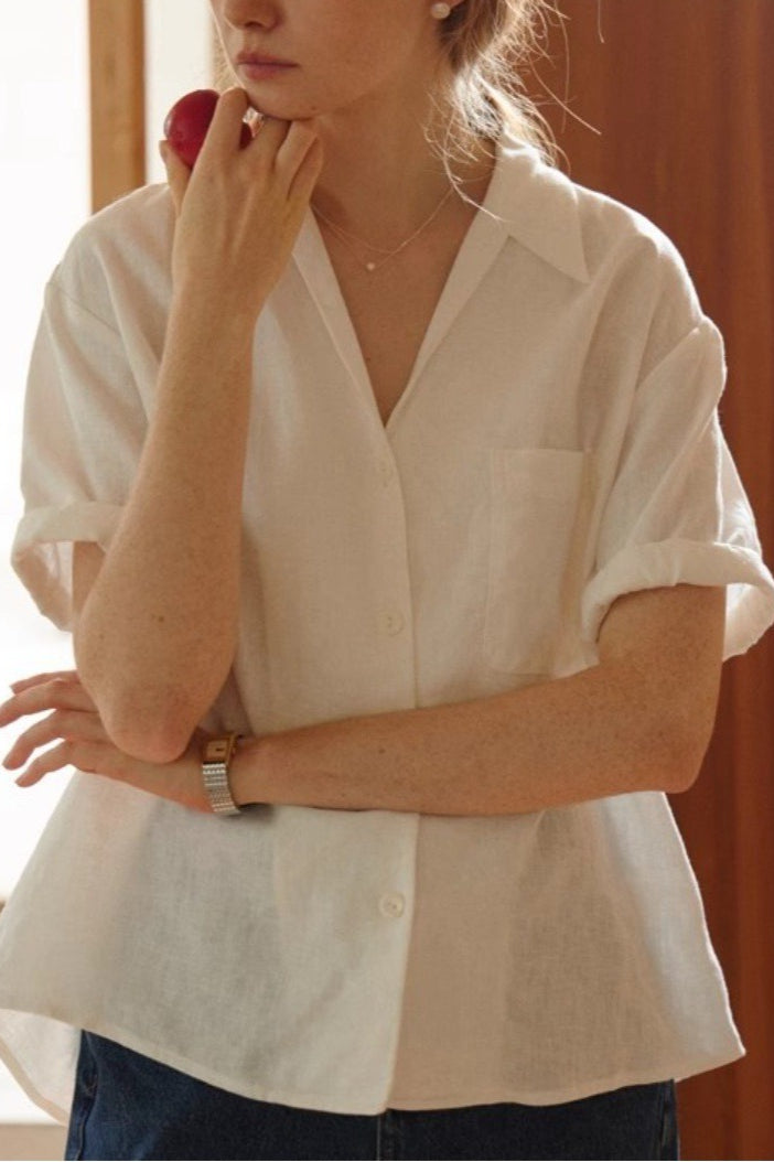 Linen French Deep V Short Blouse