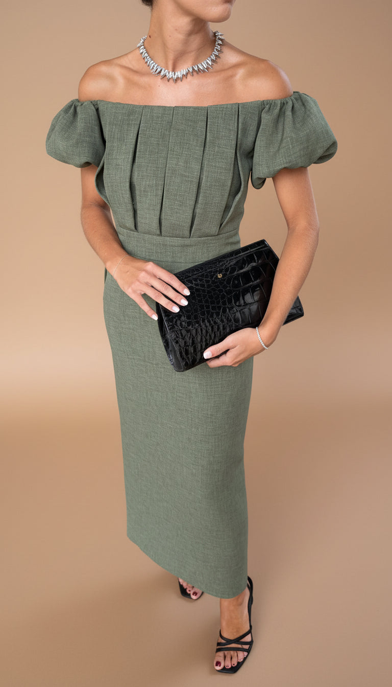 Green Off-Shoulder Puff Sleeve Pleated Bodice Column Maxi Dress