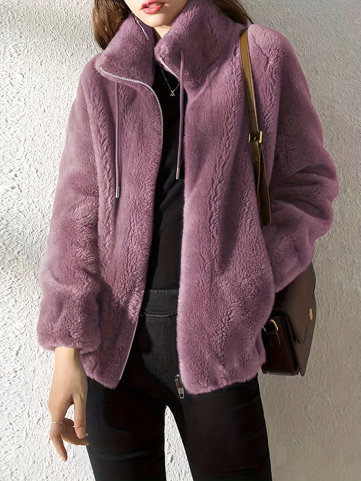 Stand Collar Zip Front Drawstring Fuzzy Fleece Jacket