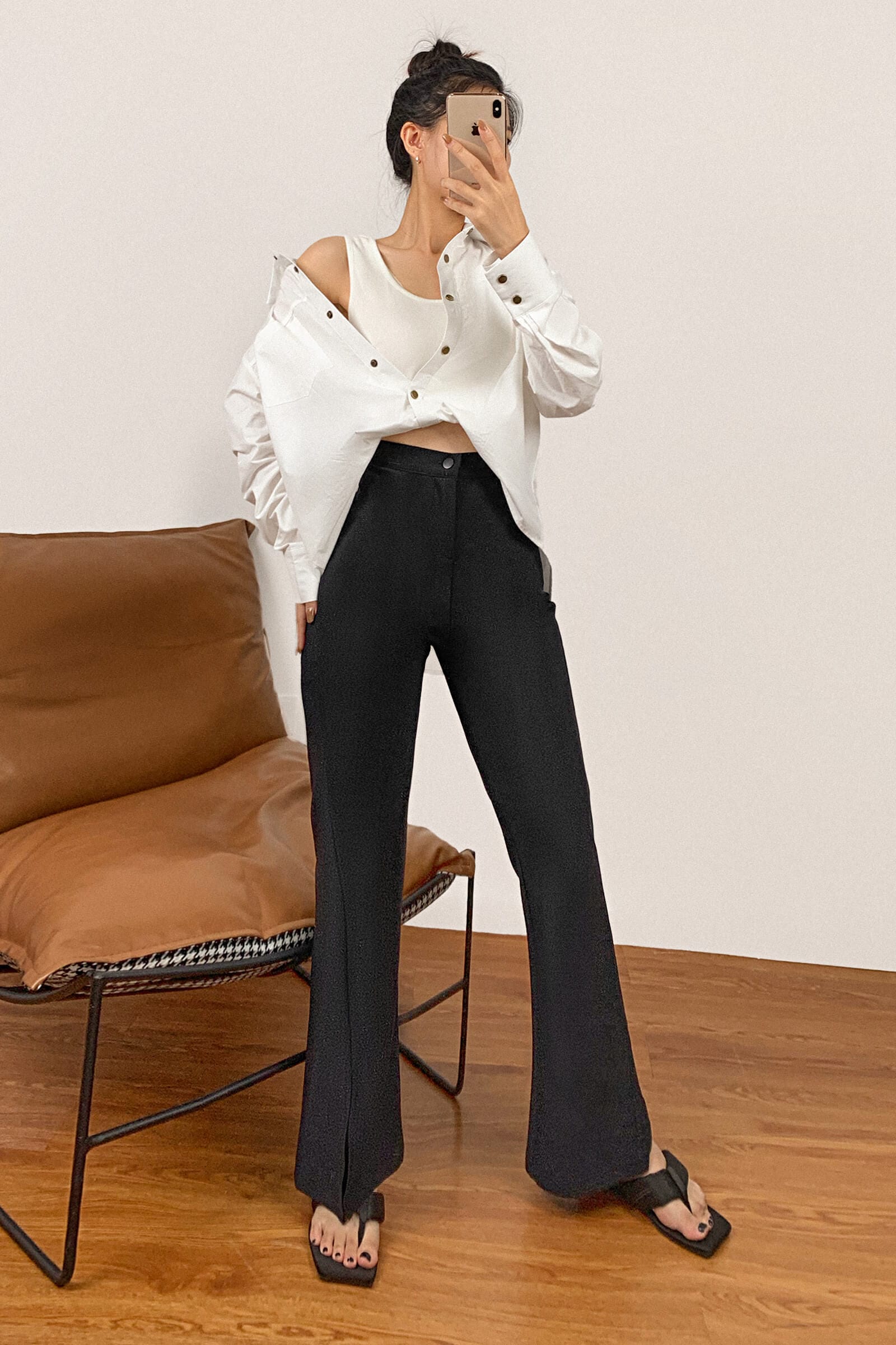 Black Stretch High Rise Front Slit Flared Jeans