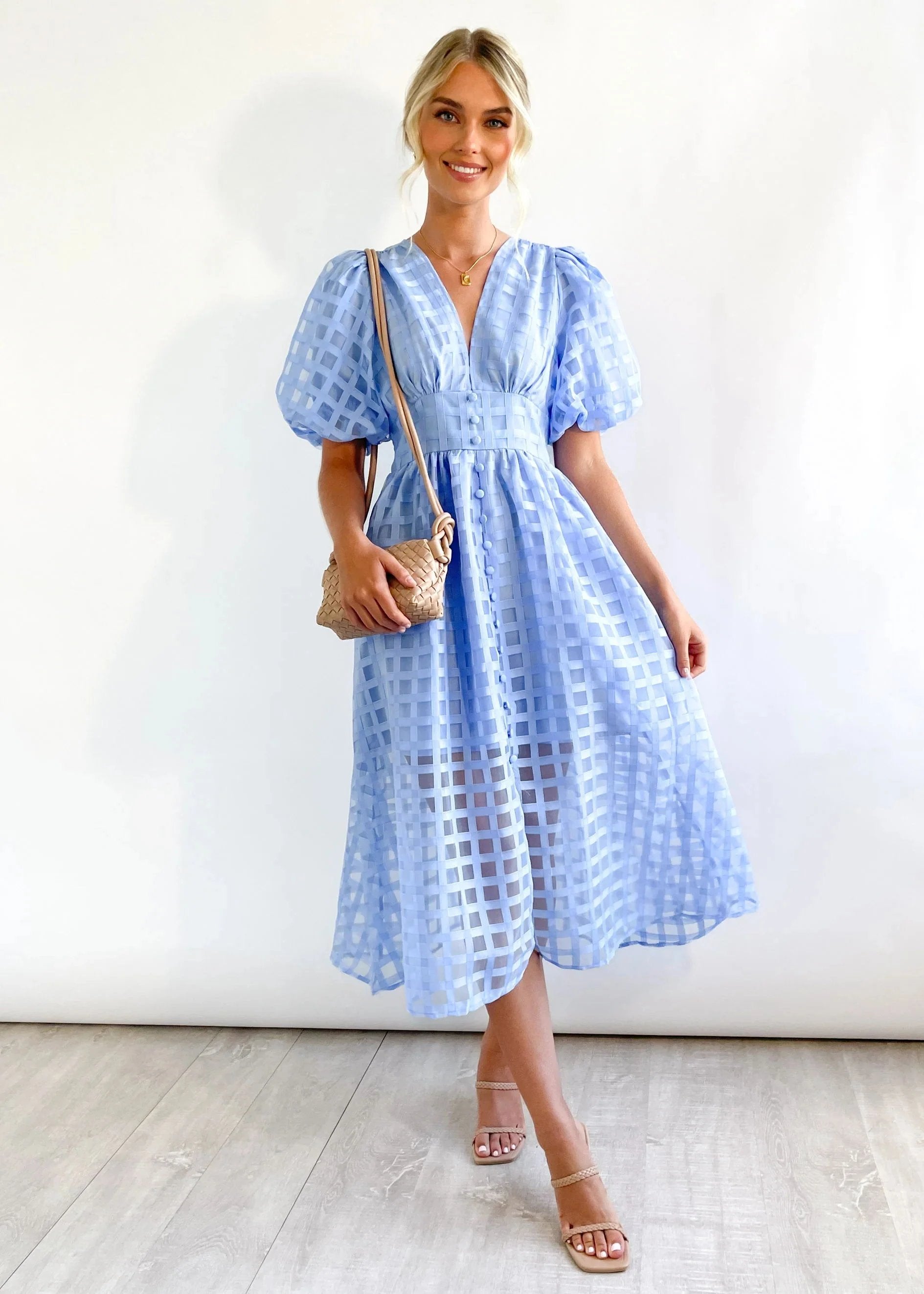 Beautiful square pattern fabric puff sleeve midi