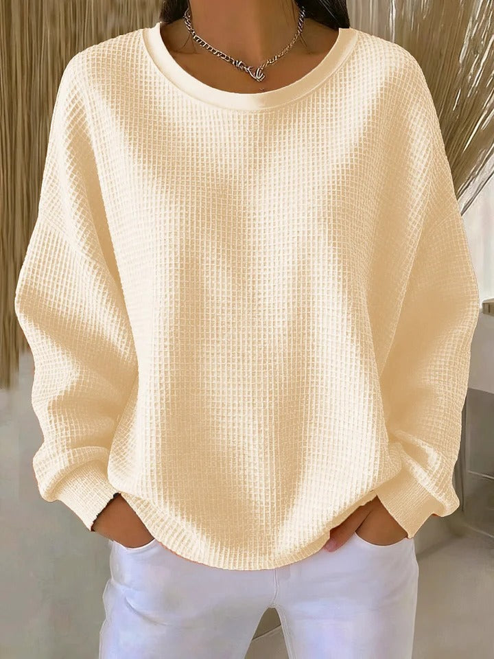 Round Neck Waffle Knit Long Sleeve Drop Shoulder Sweater 7