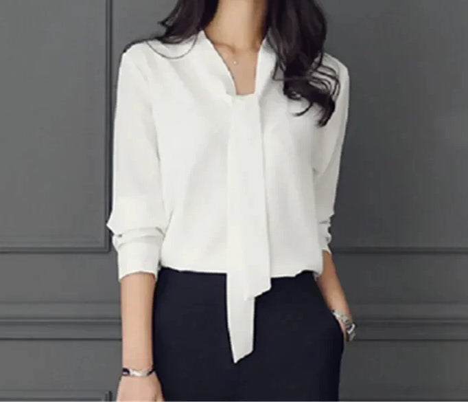Casual Long Sleeve Bow Tie Fashion Vneck Chiffon Blouse