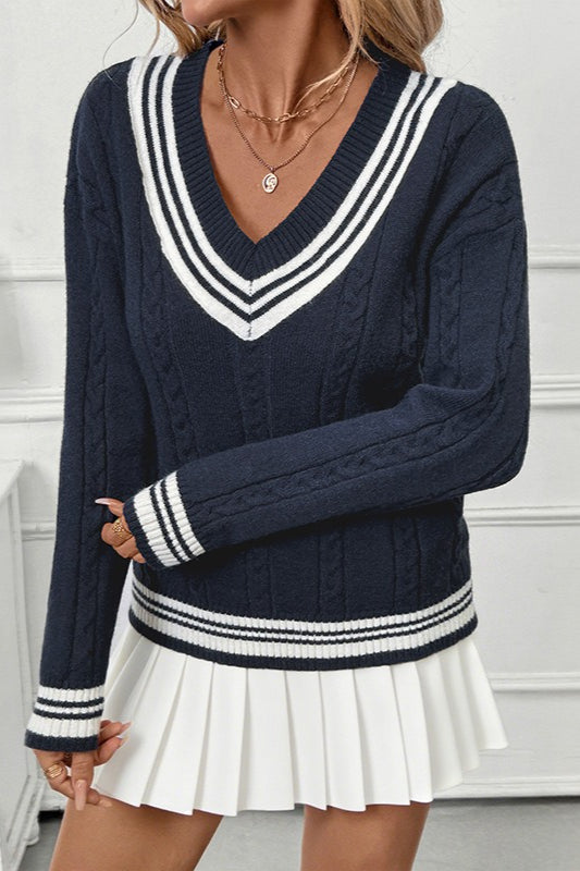 Contrast VNeck Cable Knit Sweater