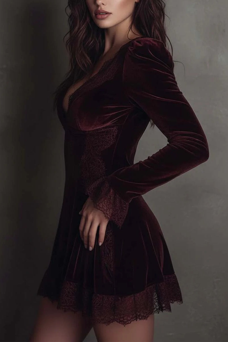 Red Velvet Lace Trim Mini Dress 4