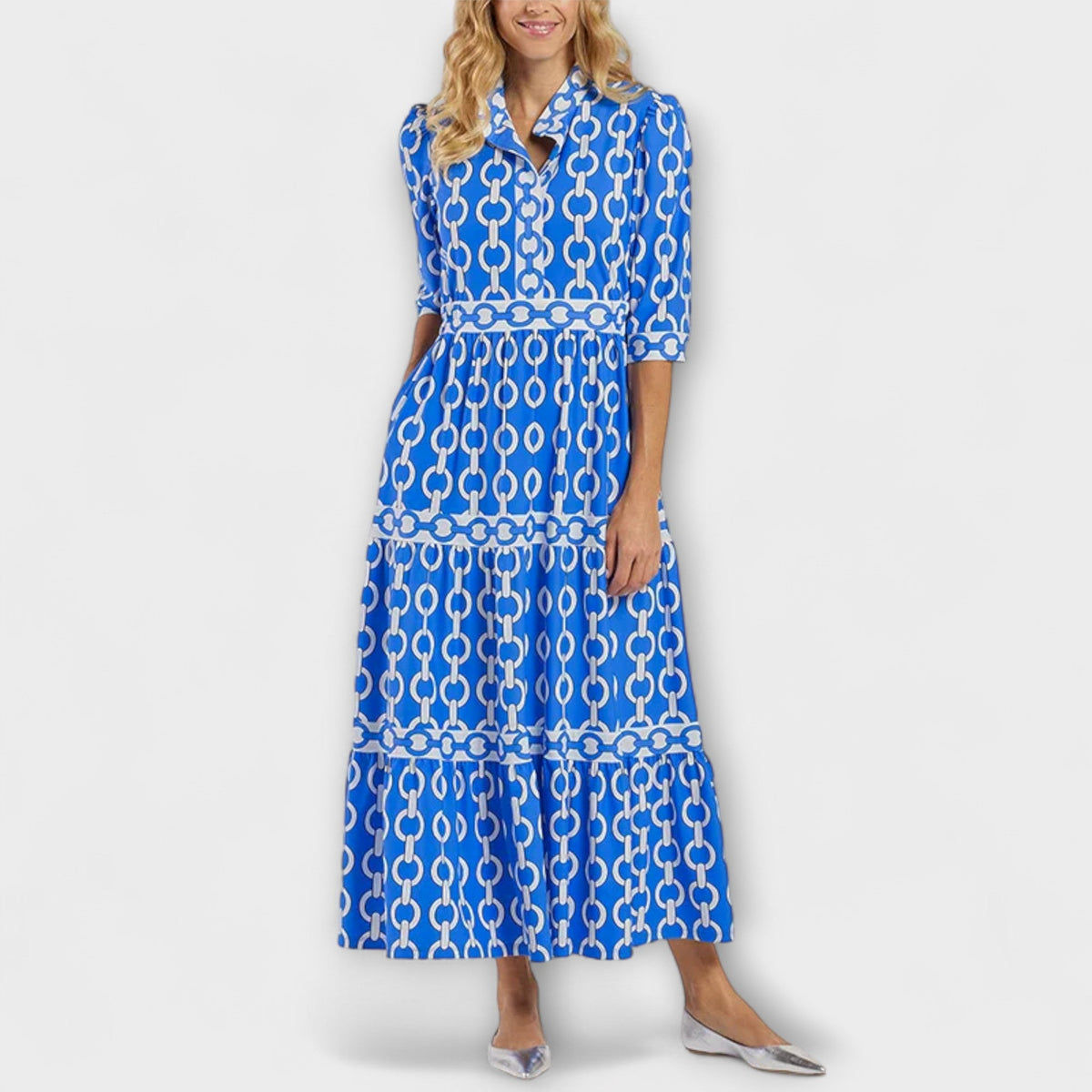 Collared Button Front Chain Print Three-Quarter Sleeve Tiered Maxi Dress
