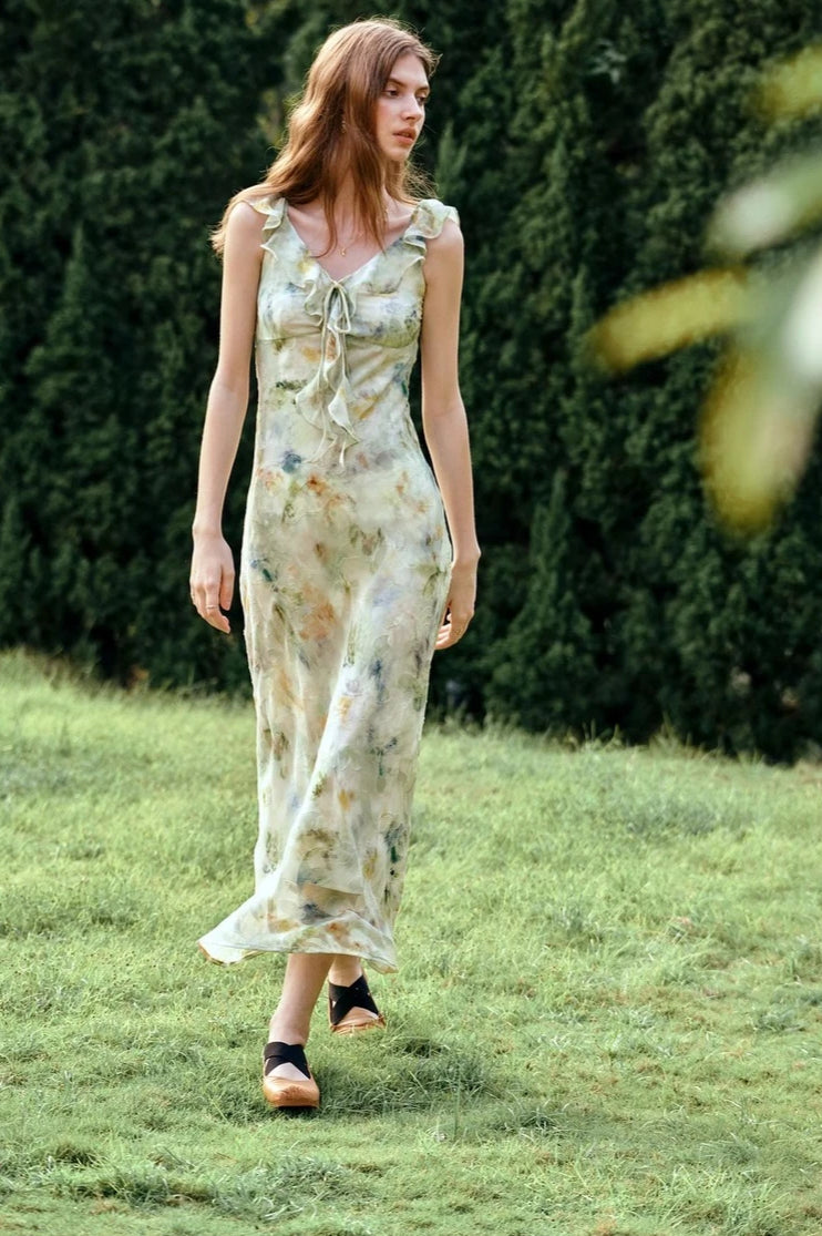 Leaf Edge Vneck Ruffle Vacation Floral Dress