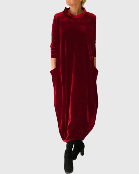 Mock Neck Velvet Long Sleeve Pocket Relaxed Midi Dress