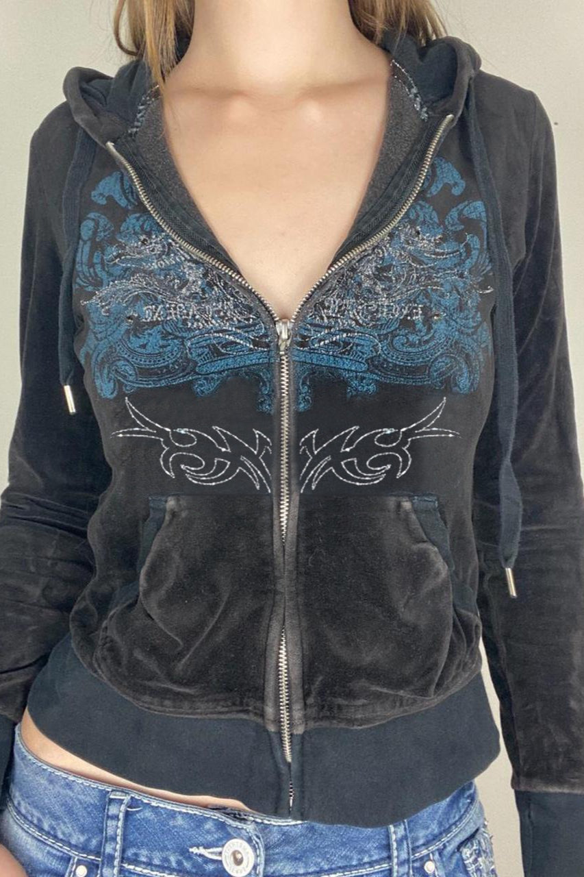 Printed Rhinestone ZipUp Hoodie