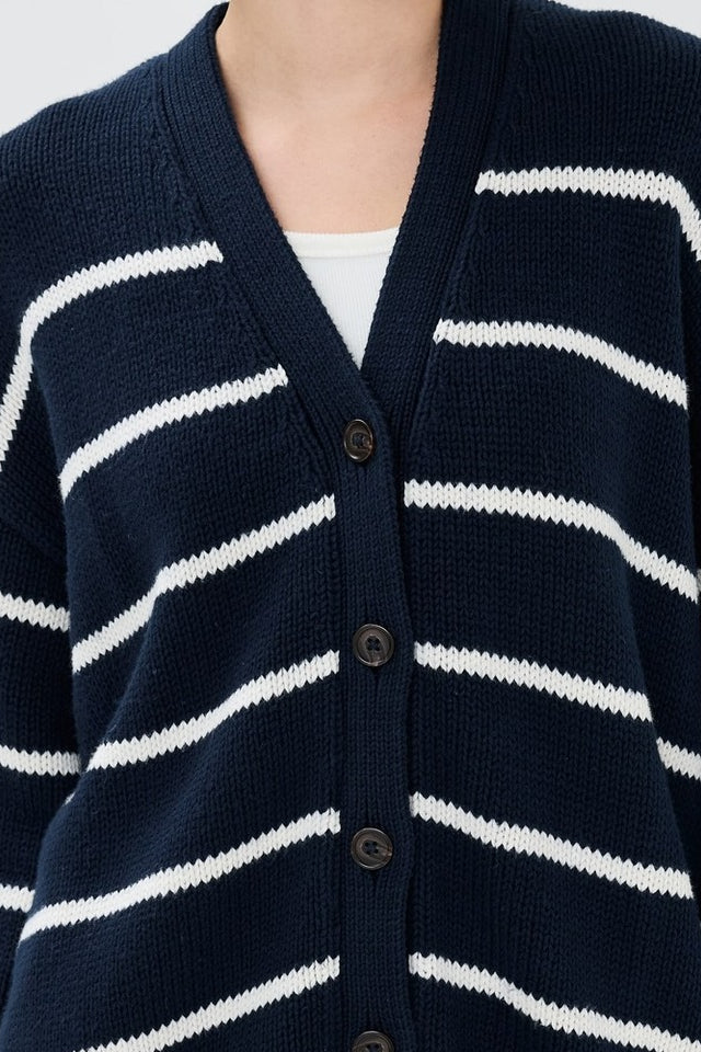 Striped Cotton V Neck Slouchy Knit Cardigan