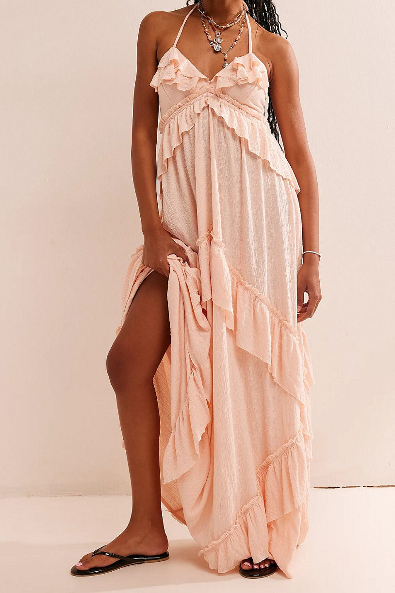 Halter Back Tie Tiered Ruffle Maxi Skirt Two Piece Set 5
