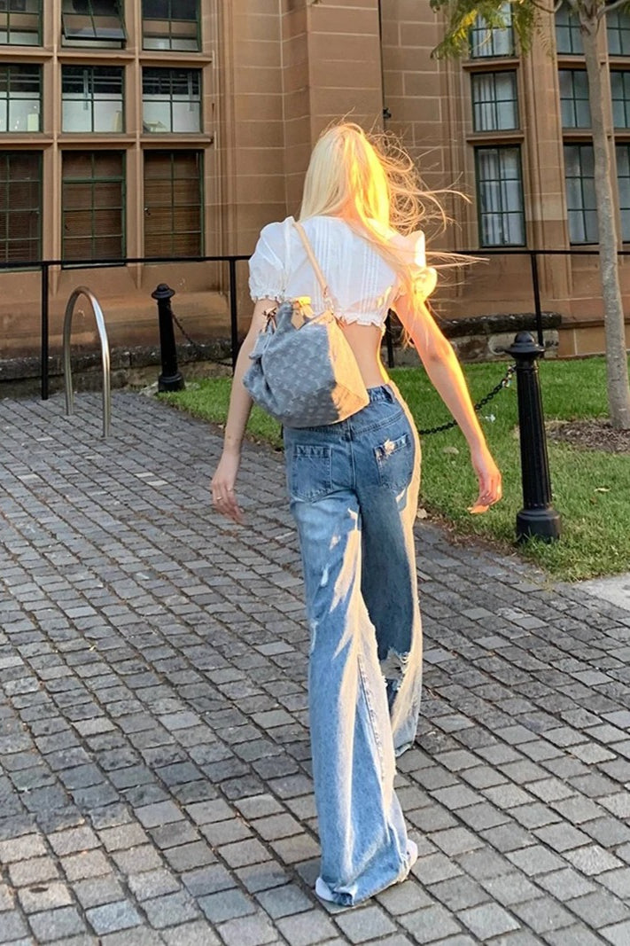 Street Style Ripped Loose Fit WideLeg Jeans