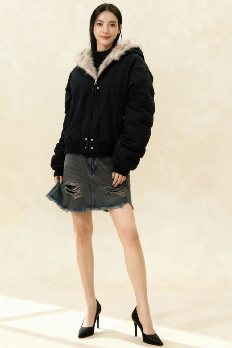 FurTrimmed Hooded Bomber Jacket