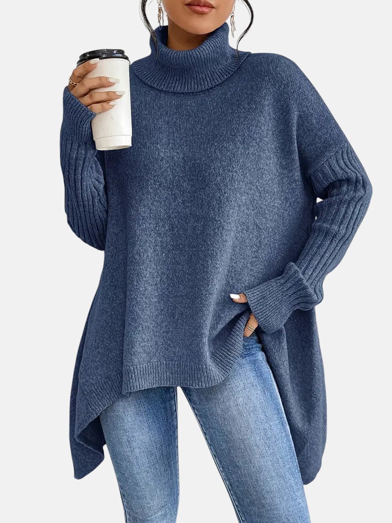 Turtleneck Ribbed Long Sleeve Oversized Longline Knit Sweater
