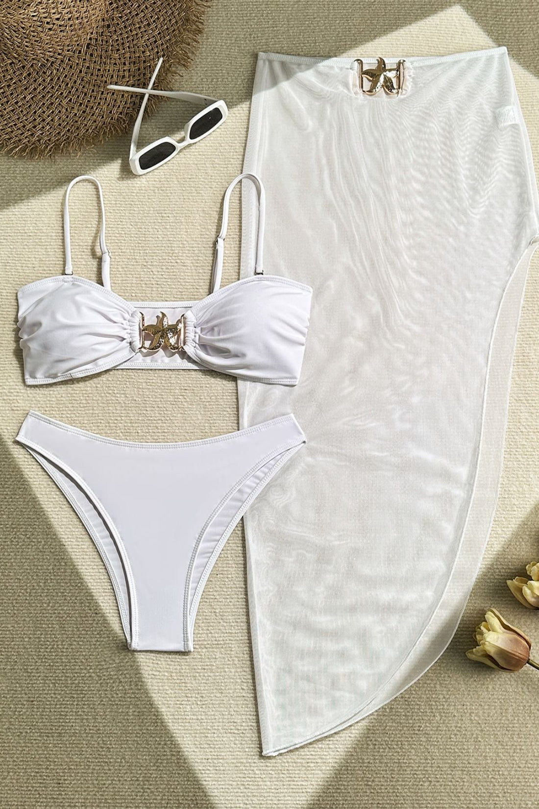 Solid Mesh Long Skirt Three Piece Swim Set