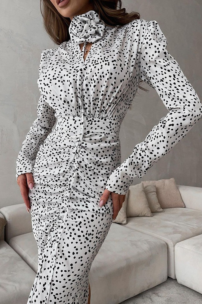 White Polka Dot Floral V-Neck Puff Sleeve Maxi Dress 2