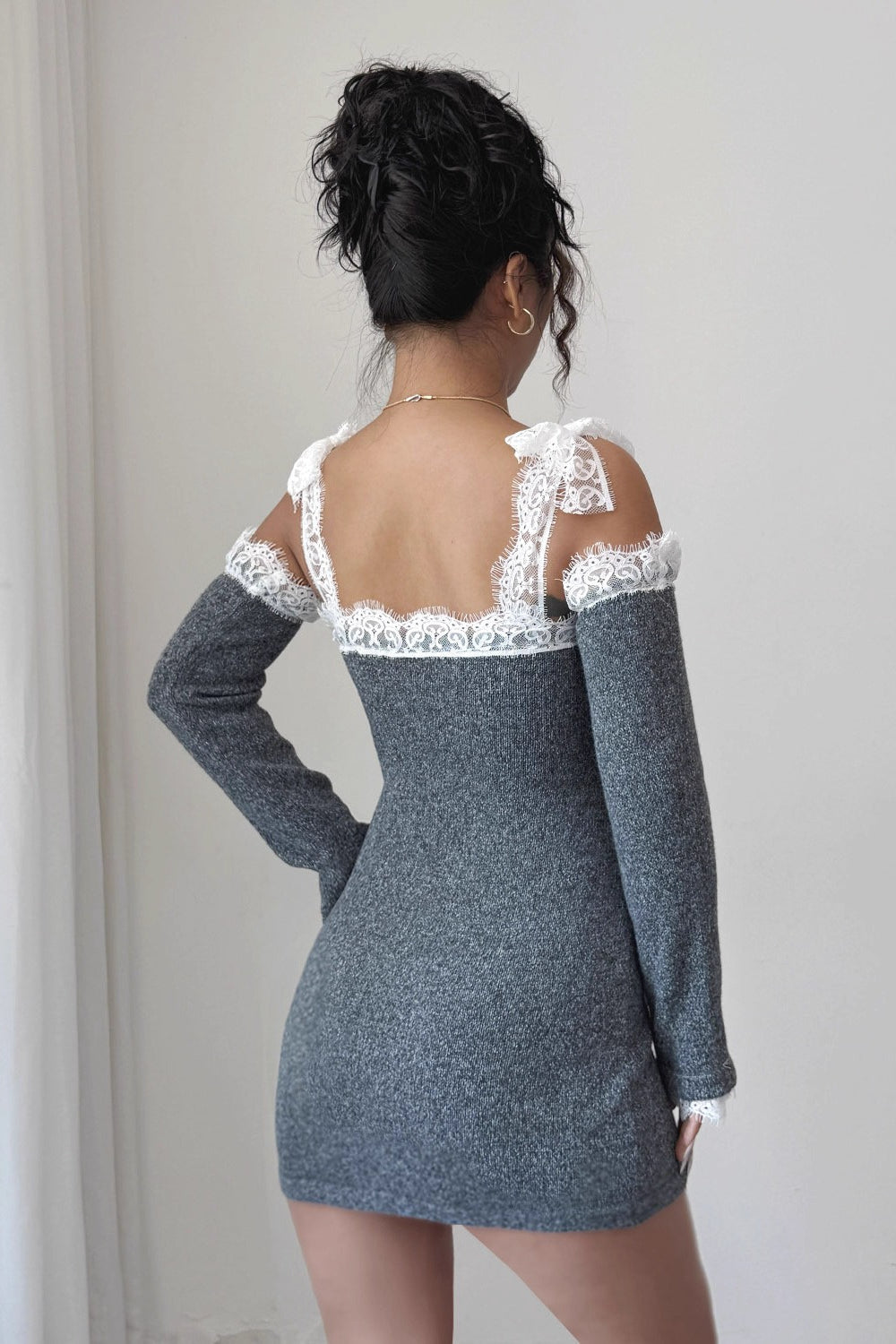 Grey Lace Trim Off Shoulder Sweater Dress 4