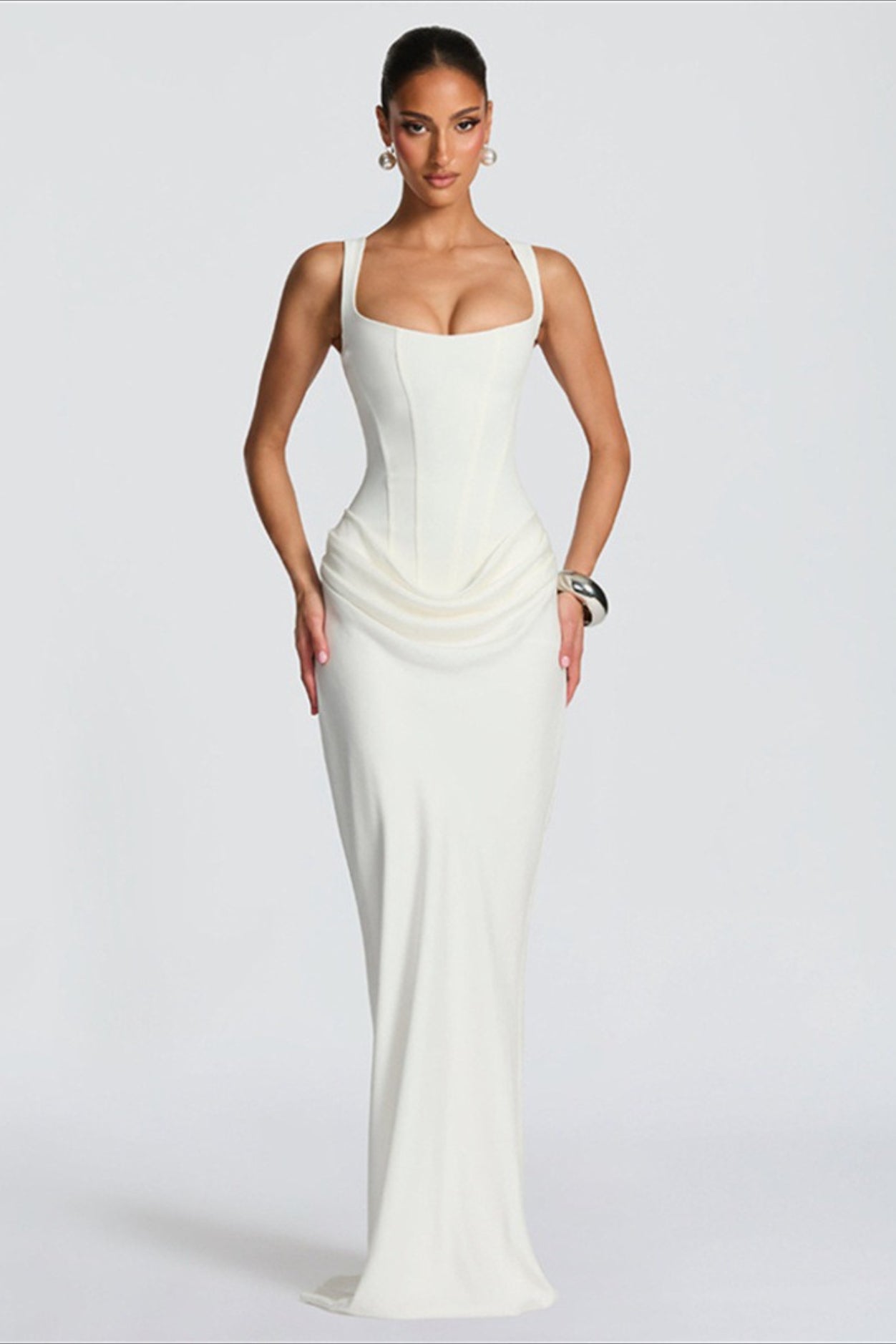 Solid Square Neck Ruched Panel Bodycon Party Dress