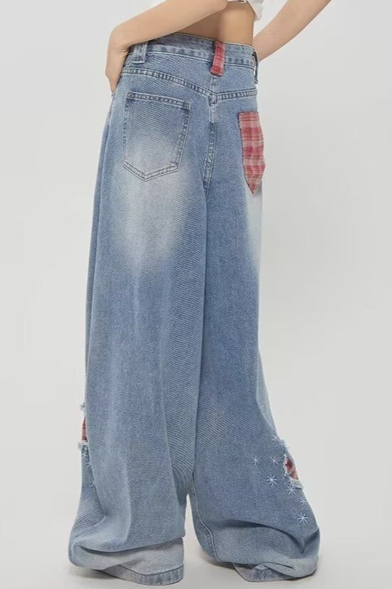 Vintage Plaid Patchwork Distressed Wide-Leg Jeans