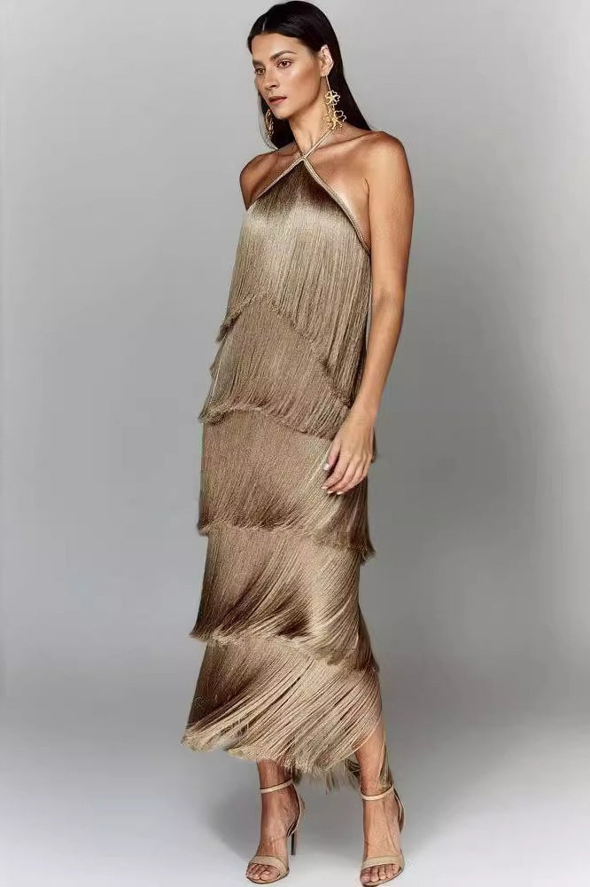 Chic Halter Fringe Backless Slit Cocktail Dress