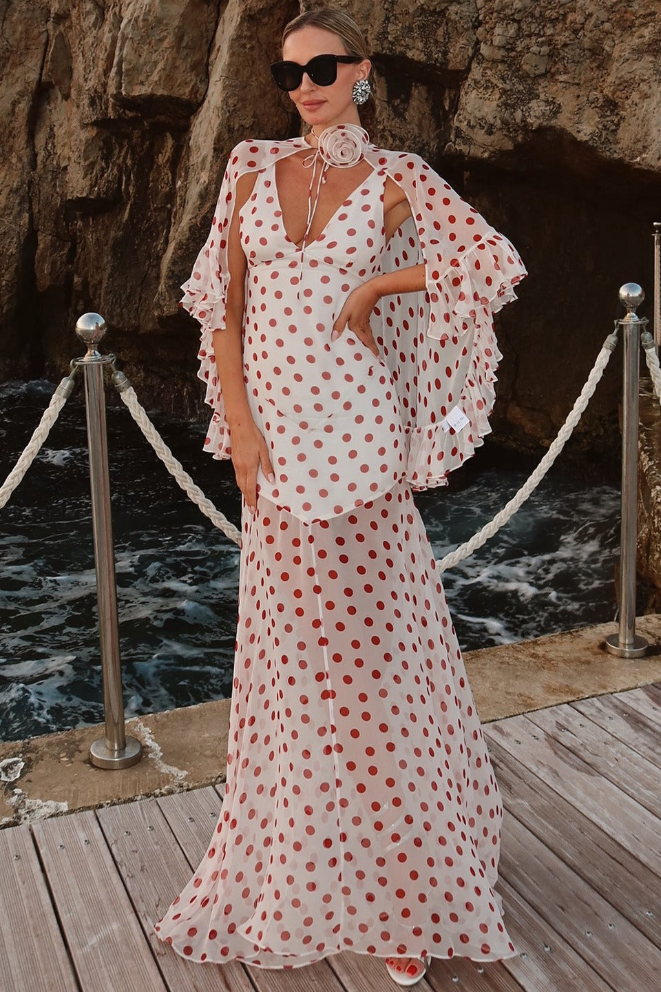 White Polka Dot V-Neck Sheer Maxi Dress 2