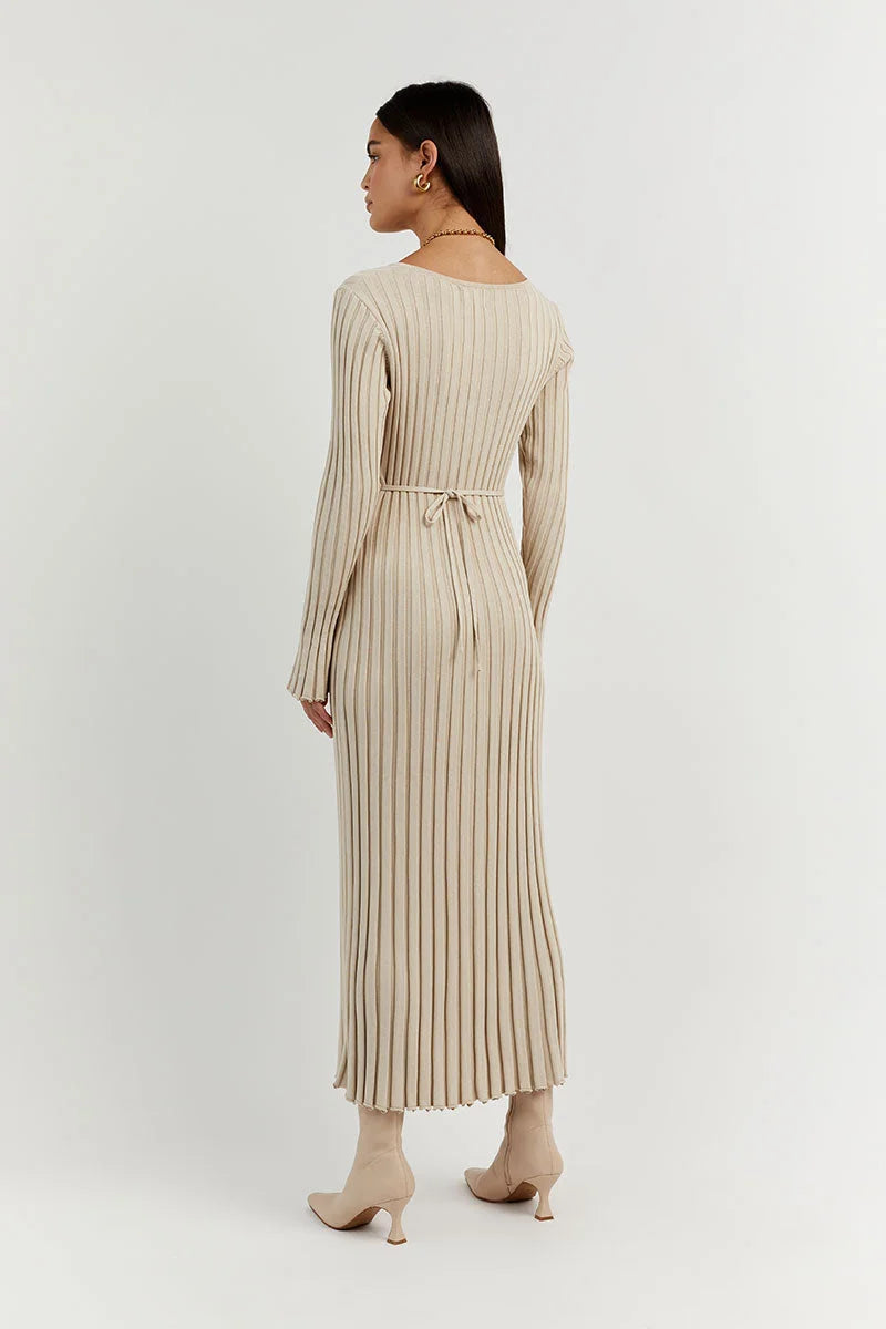 Sasha Timeless Knitted Midi Dress with V Neck and Sleeves Evening Wear Edit