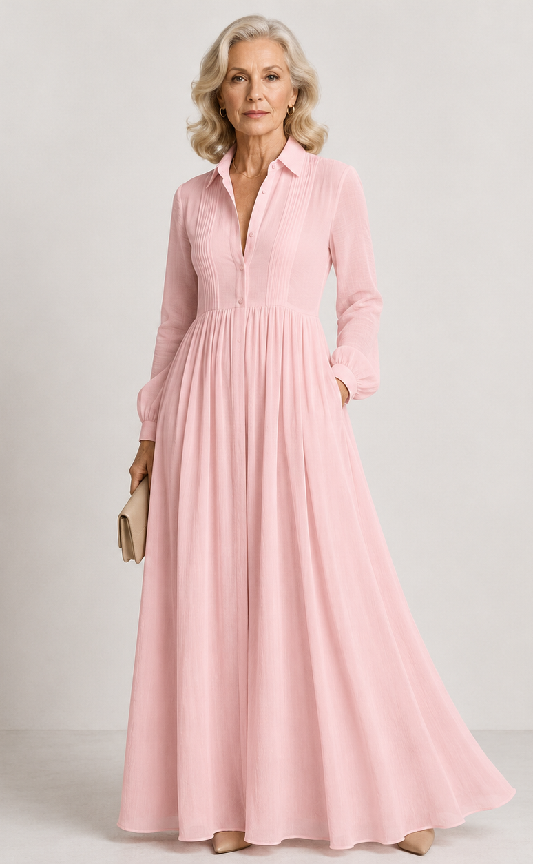 Collar Button Front Pintuck Long Sleeve A-Line Maxi Dress 9