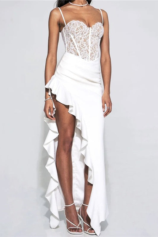 White Lace Ruffle Hem Bodycon Dress