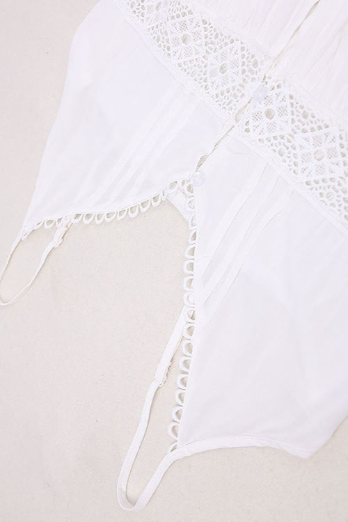 White Deep V Neck Crochet Lace Insert Button Front Ruffle Hem Midi Dress 8