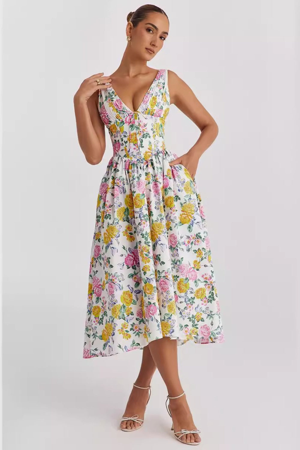 Spaghetti Strap V Neck Fitted Long Floral Dress